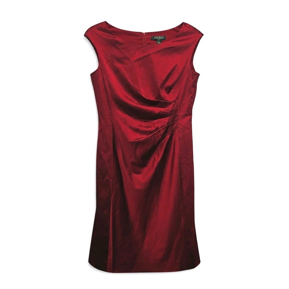 Lauren Ralph Lauren Red Dress 8 Lined Ruched Sheath Satin Cocktail Knee Length